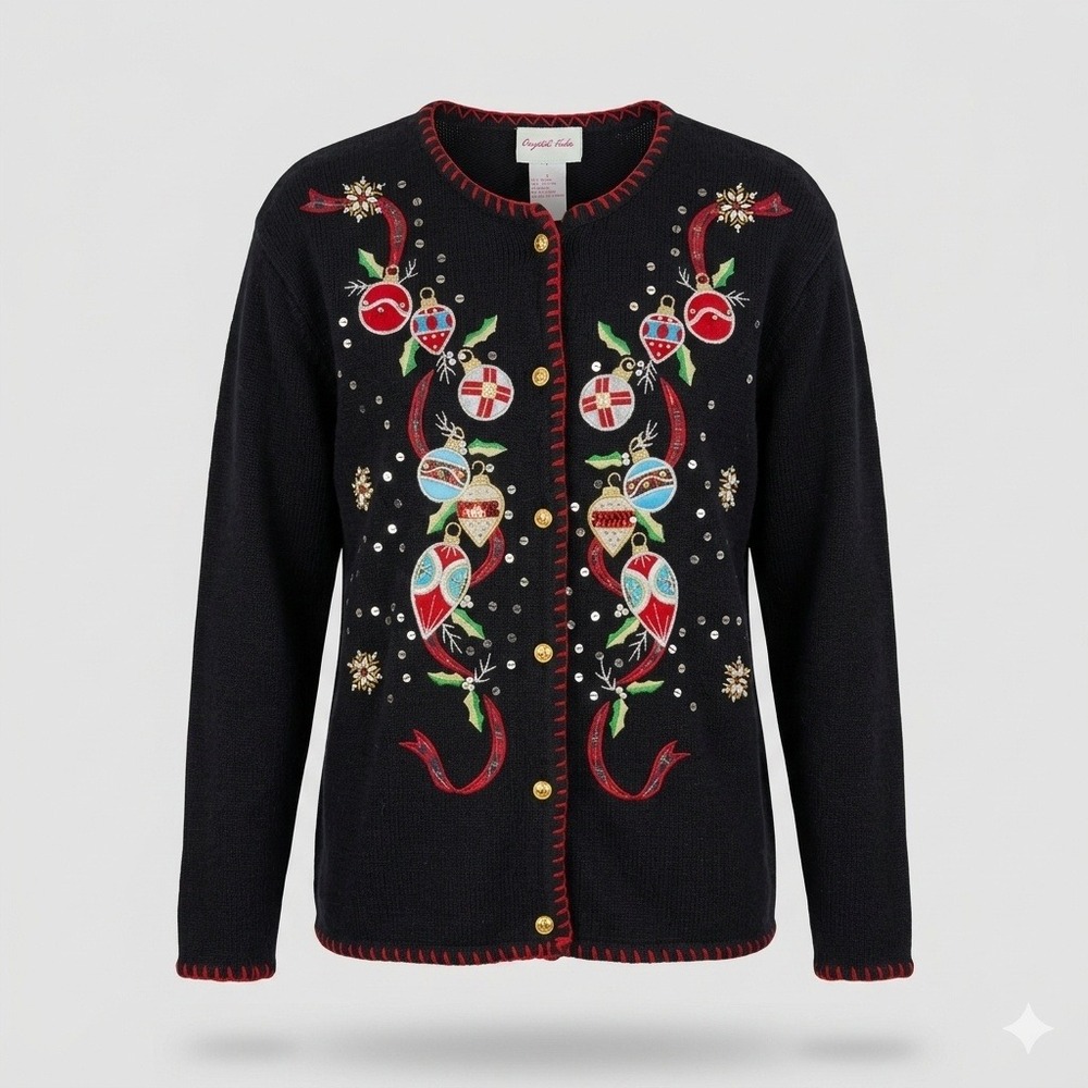 Crystal Kobe Y2K Womens Black Christmas Beaded Sequin Cardigan Sweater L